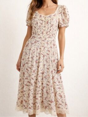 Gunne Sax Vintage Floral Dress Size Small Lace Midi Cottage Core Dainty Farm